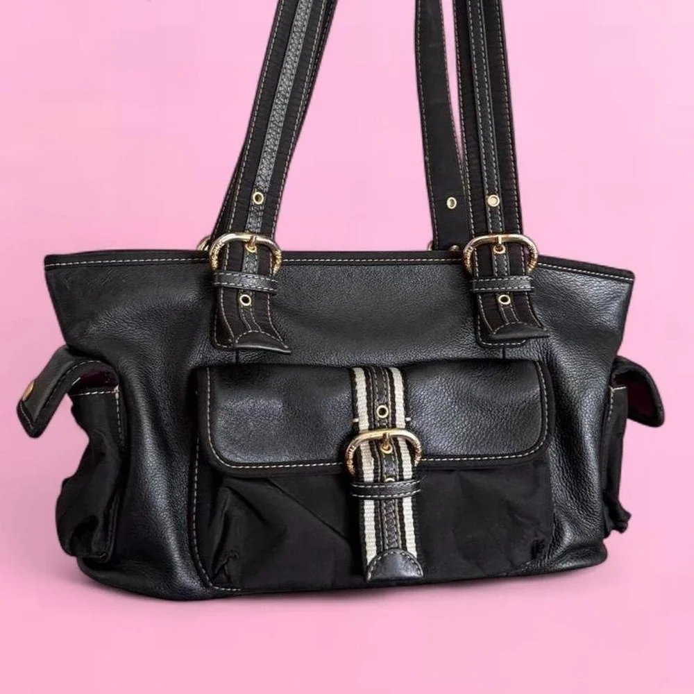 The Sak Women's Black Leather Shoulder Bag Multi Pocket Utility Y2K Boho Tote